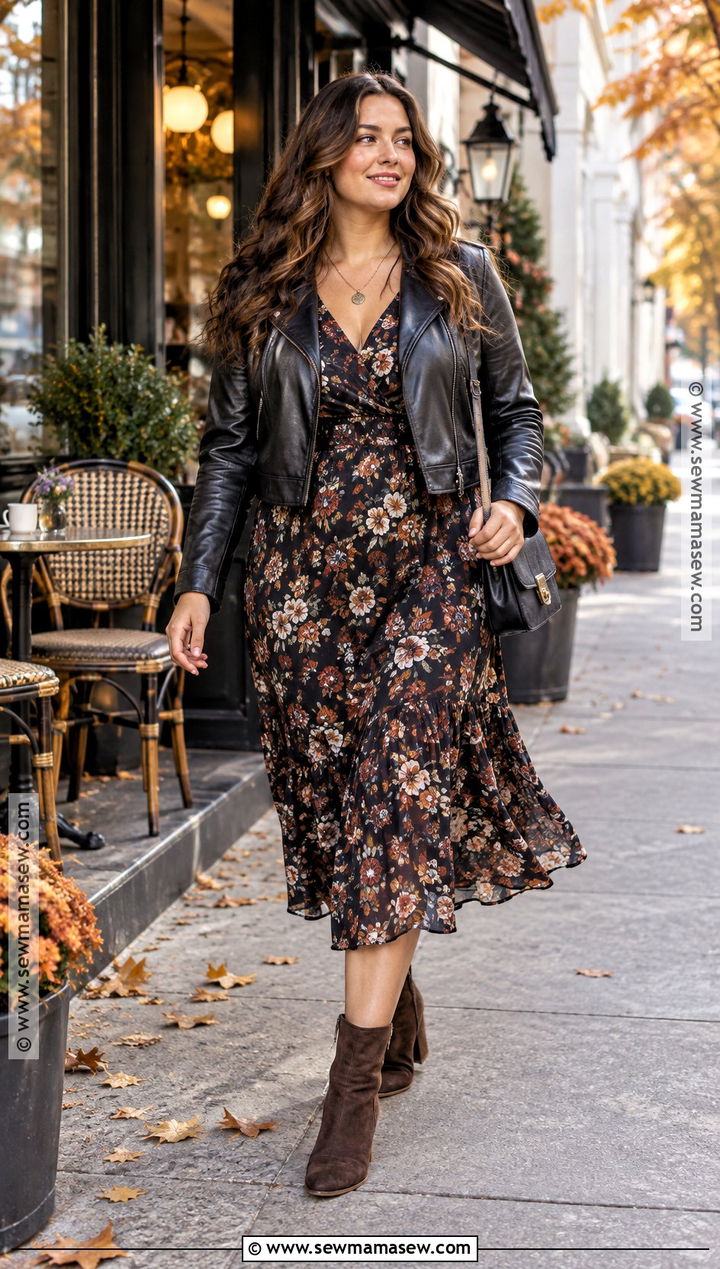 Floral Fall Midi Dress With Ankle Boots - 15 fall date night dress outfit ideas