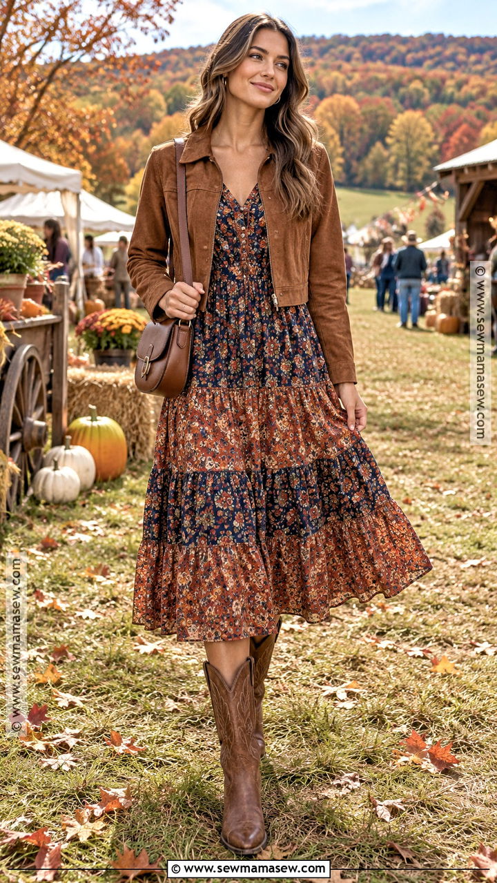 Floral Fall Prairie Dress With Cowboy Boots - 20 Floral Fall Dress Ideas