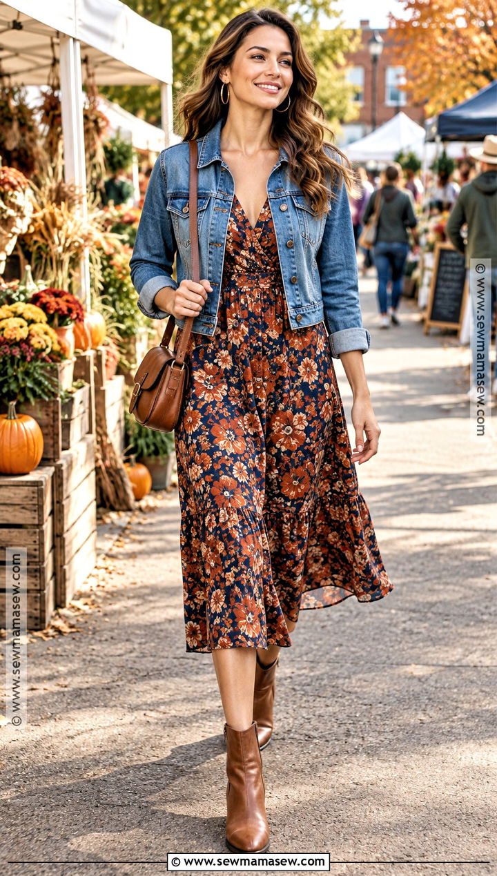 Floral Fall Sundress Outfit With Denim Jacket - 20 fall sundress outfit ideas