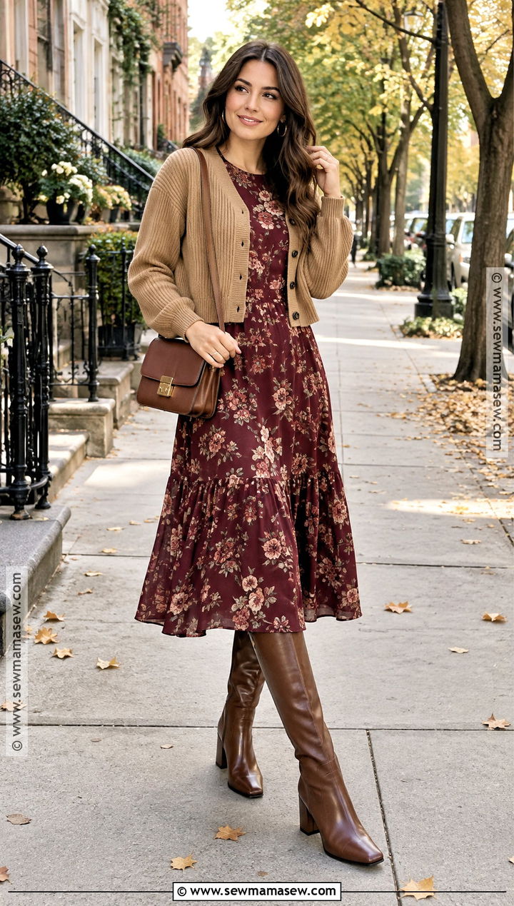 Floral Flowy Midi Dress With Knee High Boots - 15 Cute Flowy Dresses Fall