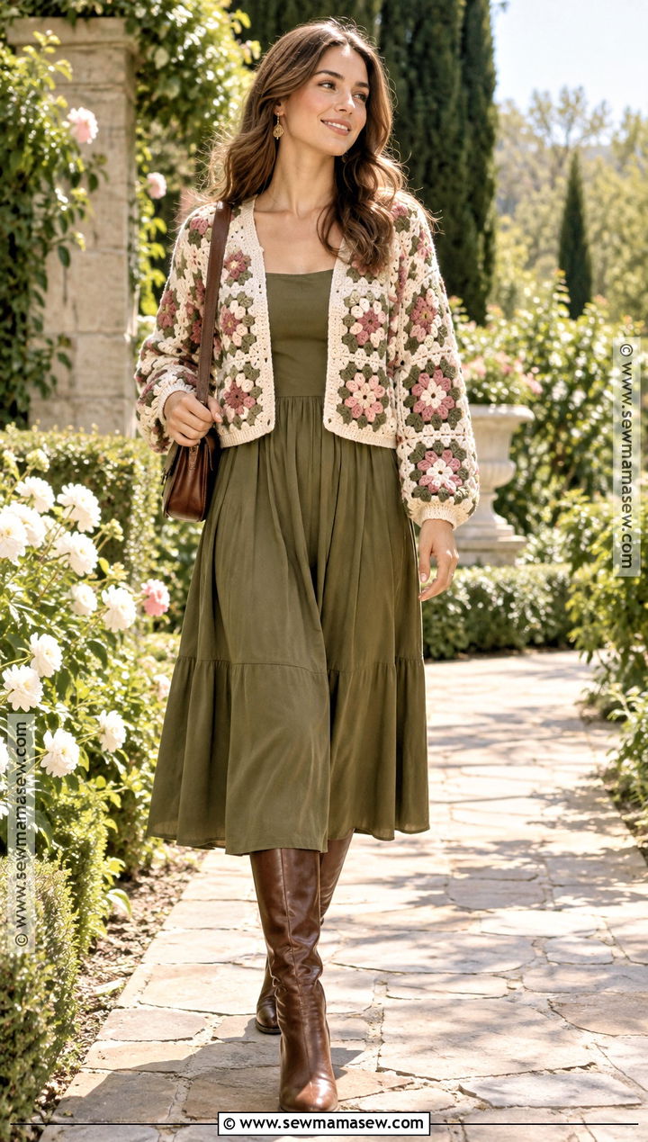 Floral Granny Square Cardigan With Midi Dress - 15 Crochet Fall Granny Square Cardigan Ideas