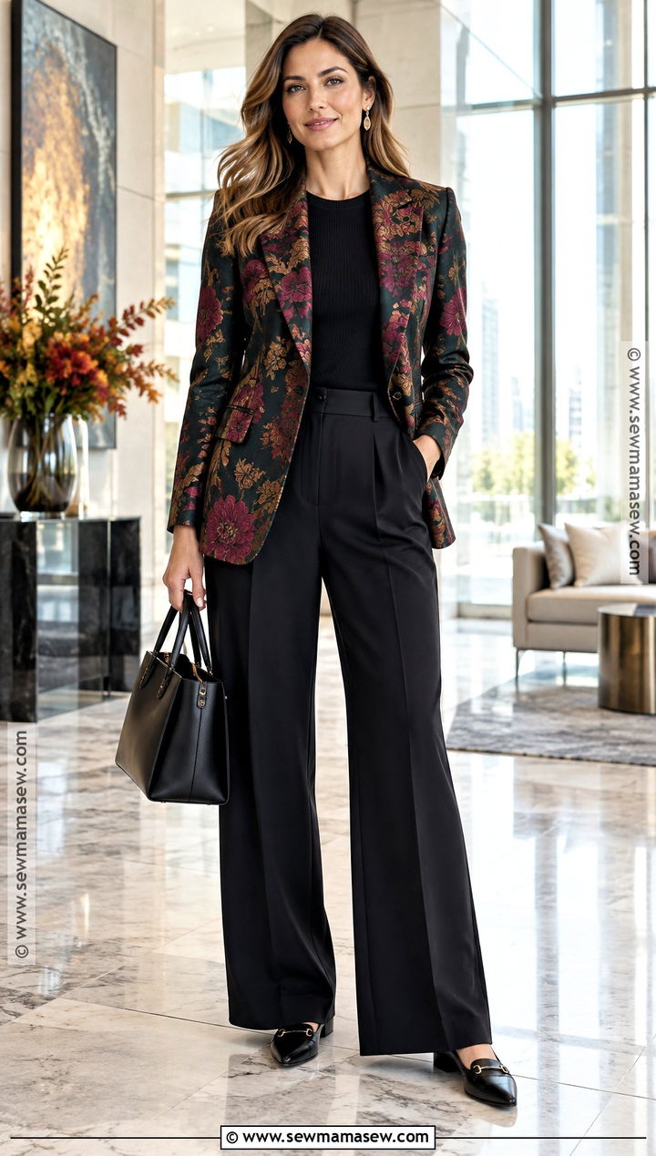 Floral Jacquard Blazer With Tailored Trousers - 15 Autumn Floral Clothing Ideas