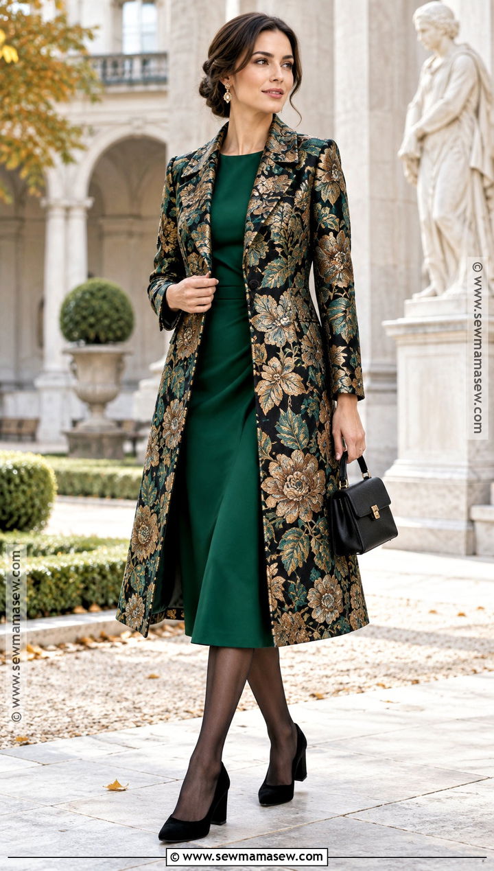 Floral Jacquard Coat With Midi Dress And Heels - 15 autumn floral coat style ideas