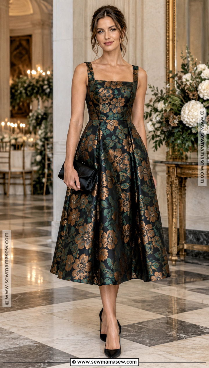 Floral Jacquard Fall Wedding Guest Dress - 25 fall dresses to wear to a wedding