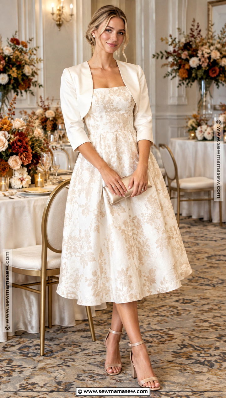 Floral Jacquard Midi Dress Fall Bridal Shower Outfit - 20 fall bridal shower outfit for bride ideas