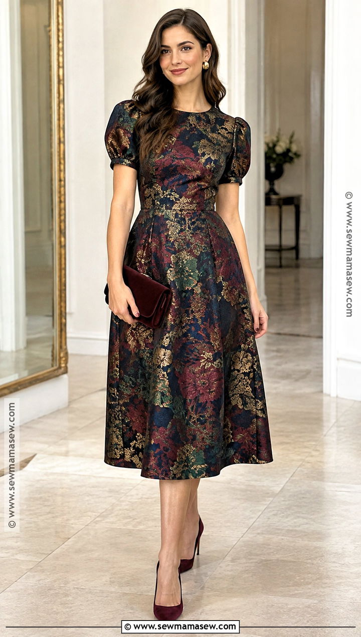 Floral Jacquard Midi Dress With Burgundy Pumps - 25 fall formal outfits