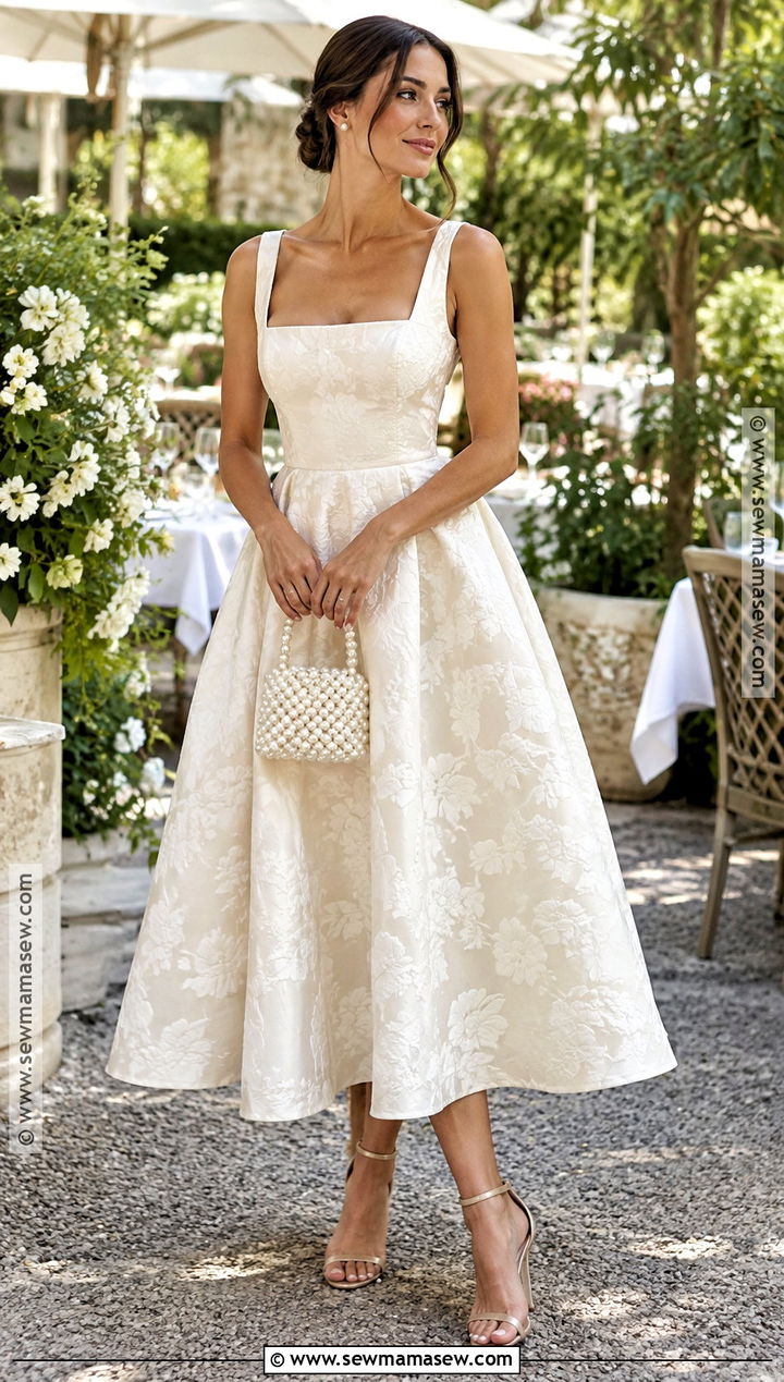 Floral Jacquard Midi Rehearsal Dinner Dress - 20 fall rehearsal dinner dress for bride ideas