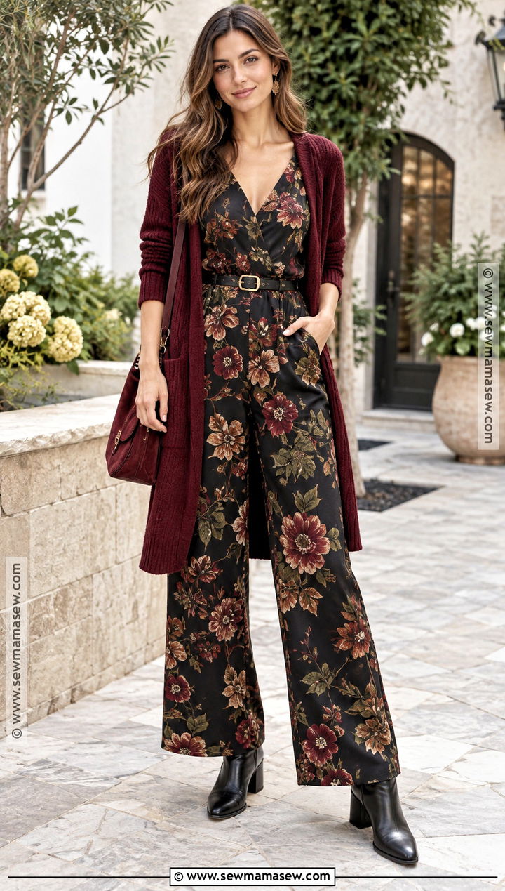 Floral Jumpsuit With Long Cardigan - 20 fall jumpsuit outfit ideas