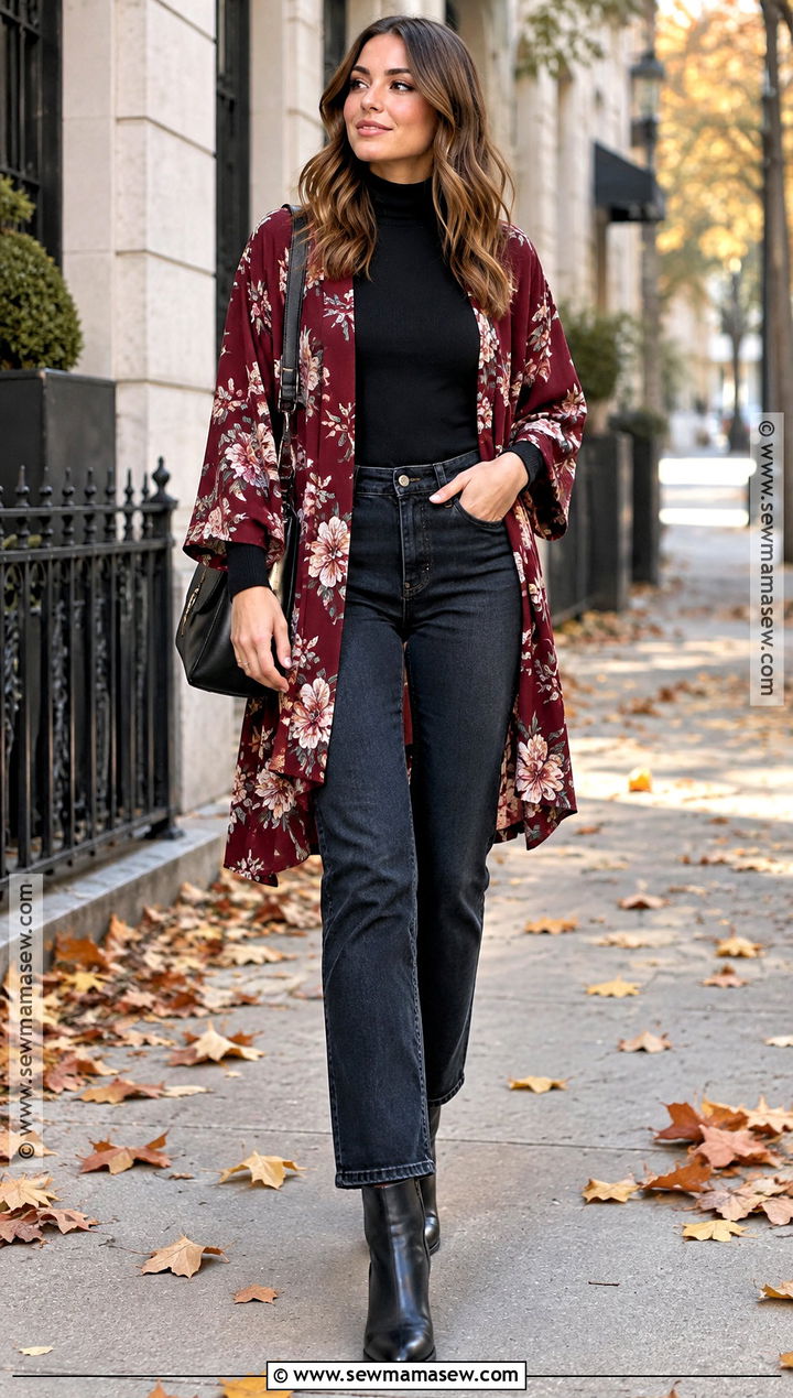 Floral Kimono With Black Turtleneck And Jeans - 15 fall kimono outfit ideas