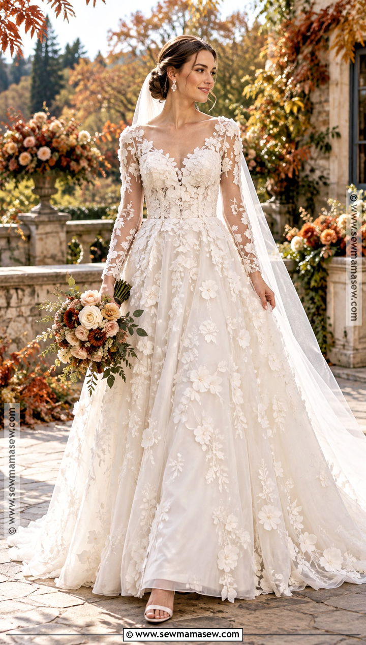 Floral Lace Wedding Dress With 3D Appliques - 15 fall lace wedding dress ideas