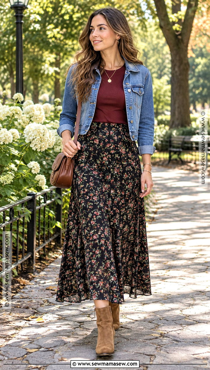 Floral Long Skirt Outfit With Denim Jacket - 25 fall outfits long skirt