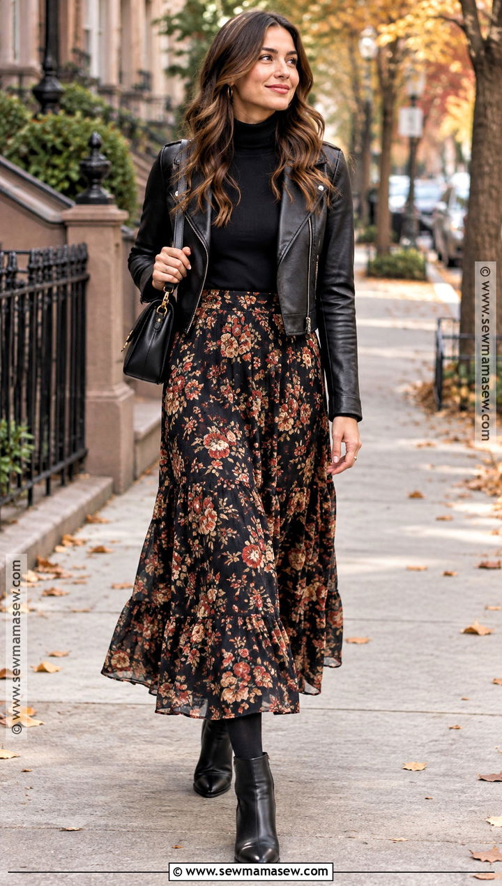 Floral Long Skirt Outfit With Leather Jacket - 25 fall long skirt outfits