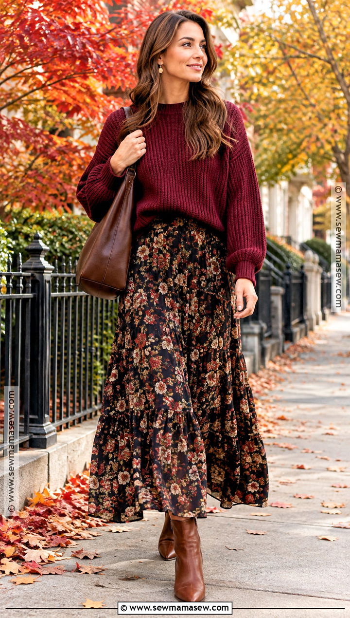 Floral Long Skirt With Chunky Sweater - 25 Long Skirt Fall Outfits