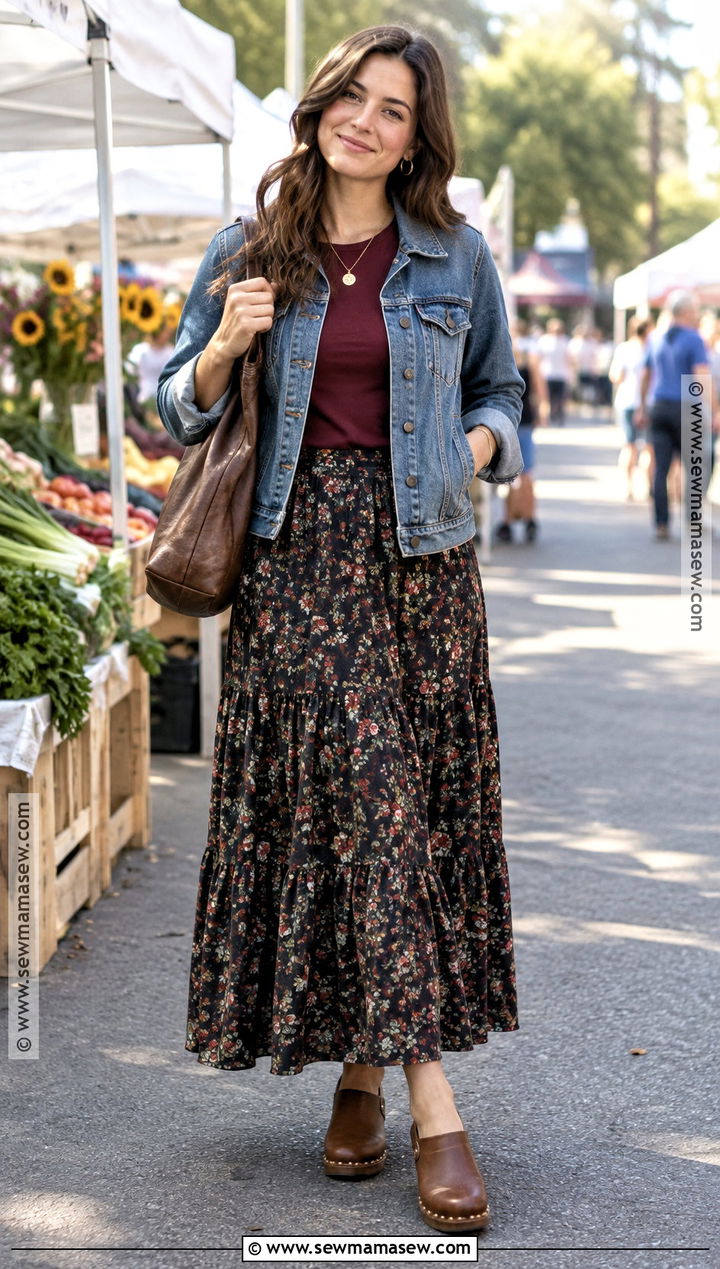Floral Long Skirt With Denim Jacket And Clogs - 25 long skirt outfits fall