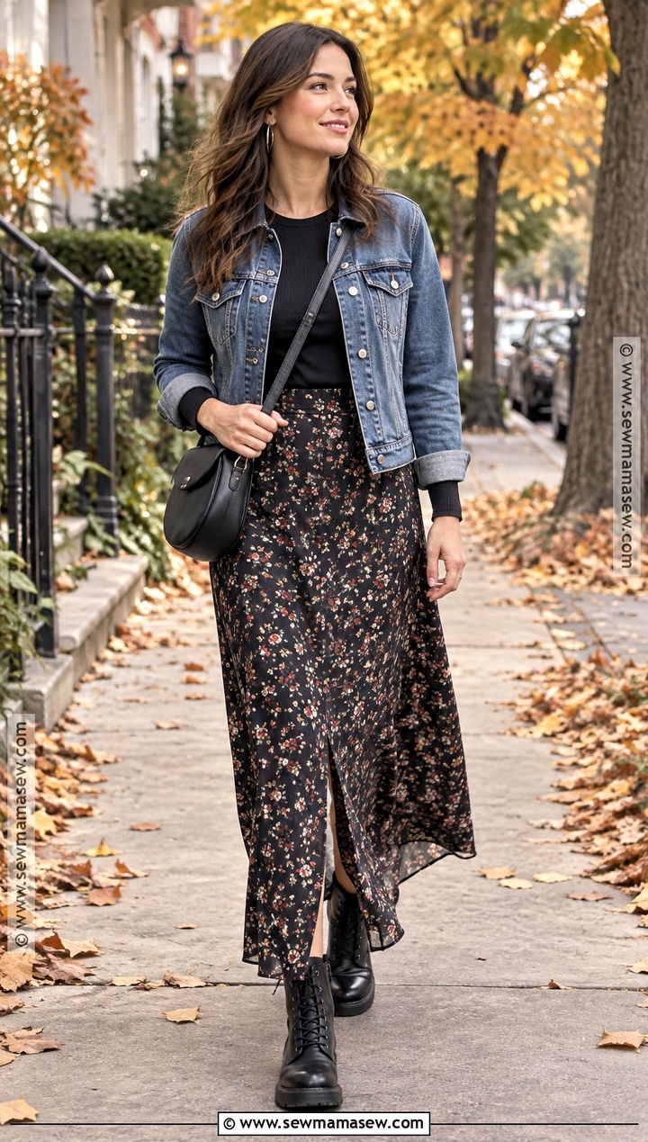 Floral Long Skirt With Denim Jacket And Combat Boots - 15 Long Skirt Outfits For Fall Casual