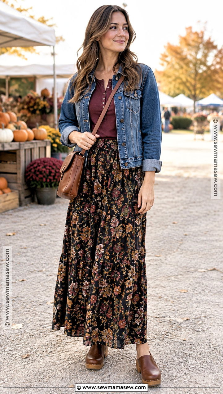 Floral Long Skirt With Denim Jacket and Clogs - 20 Long Skirt Fall Ideas