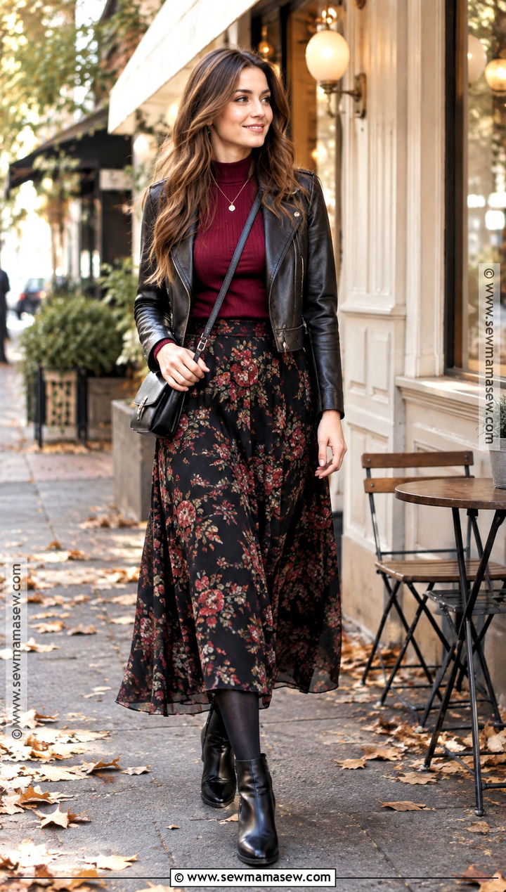 Floral Long Skirt With Leather Jacket And Boots - 20 Long Skirt Outfits For Autumn
