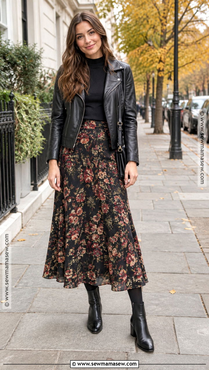 Floral Long Skirt With Leather Jacket And Boots - 20 autumn outfits long skirt