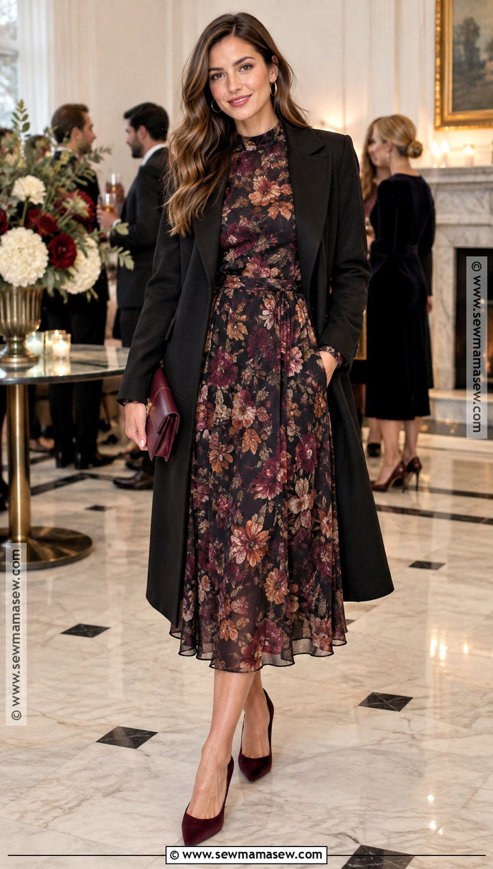 Floral Long Sleeve Dress Fall Cocktail Outfit - 20 fall cocktail party outfit ideas