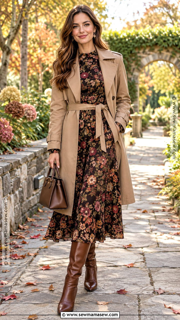 Floral Long Sleeve Fall Dress Outfit With Boots - 20 Long Sleeve Fall Outfits