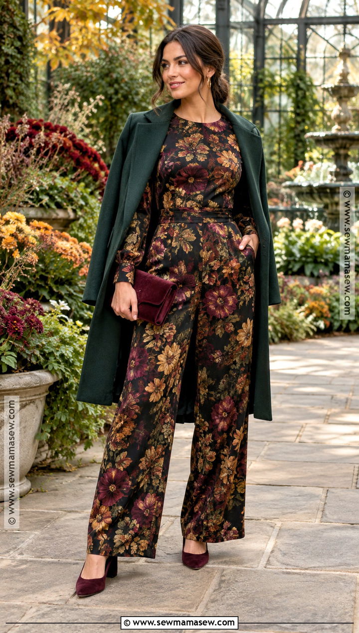 Floral Long Sleeve Fall Wedding Jumpsuit - 15 Fall Jumpsuit Outfit Wedding Ideas