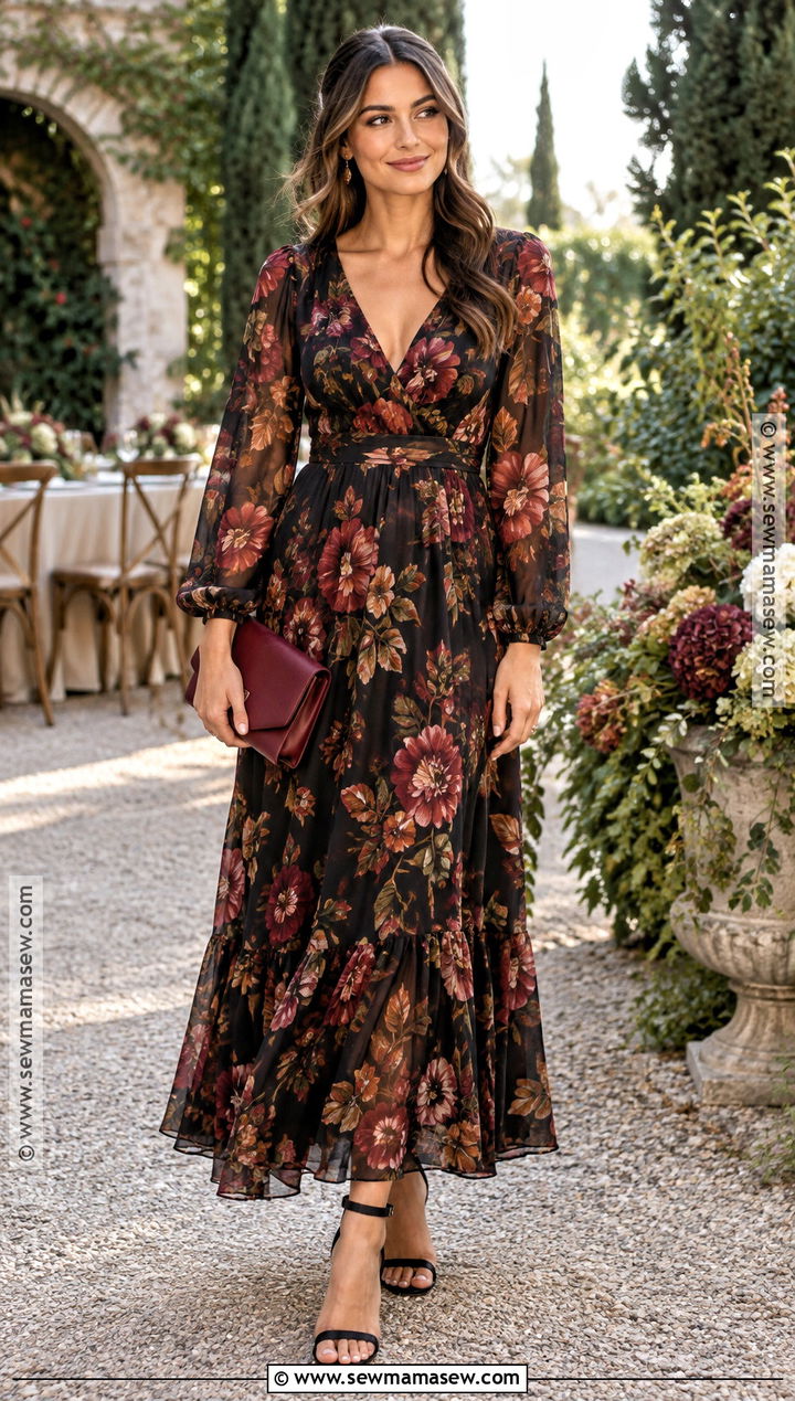 Floral Long Sleeve Maxi Fall Wedding Outfit - 25 fall wedding outfits