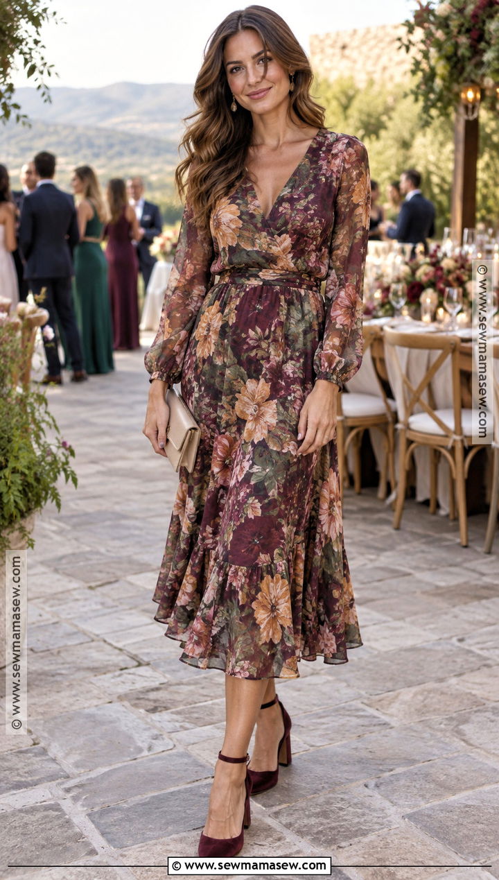 Floral Long Sleeve Midi Dress For A September Wedding - 15 September Wedding Attire For Guest Ideas