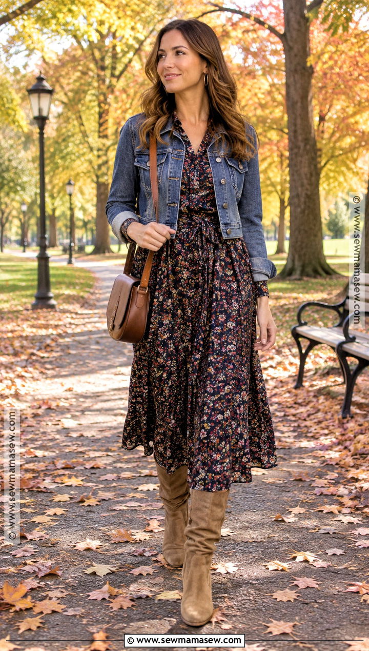 Floral Long Sleeve Midi Dress With Suede Boots - 15 autumn day dresses