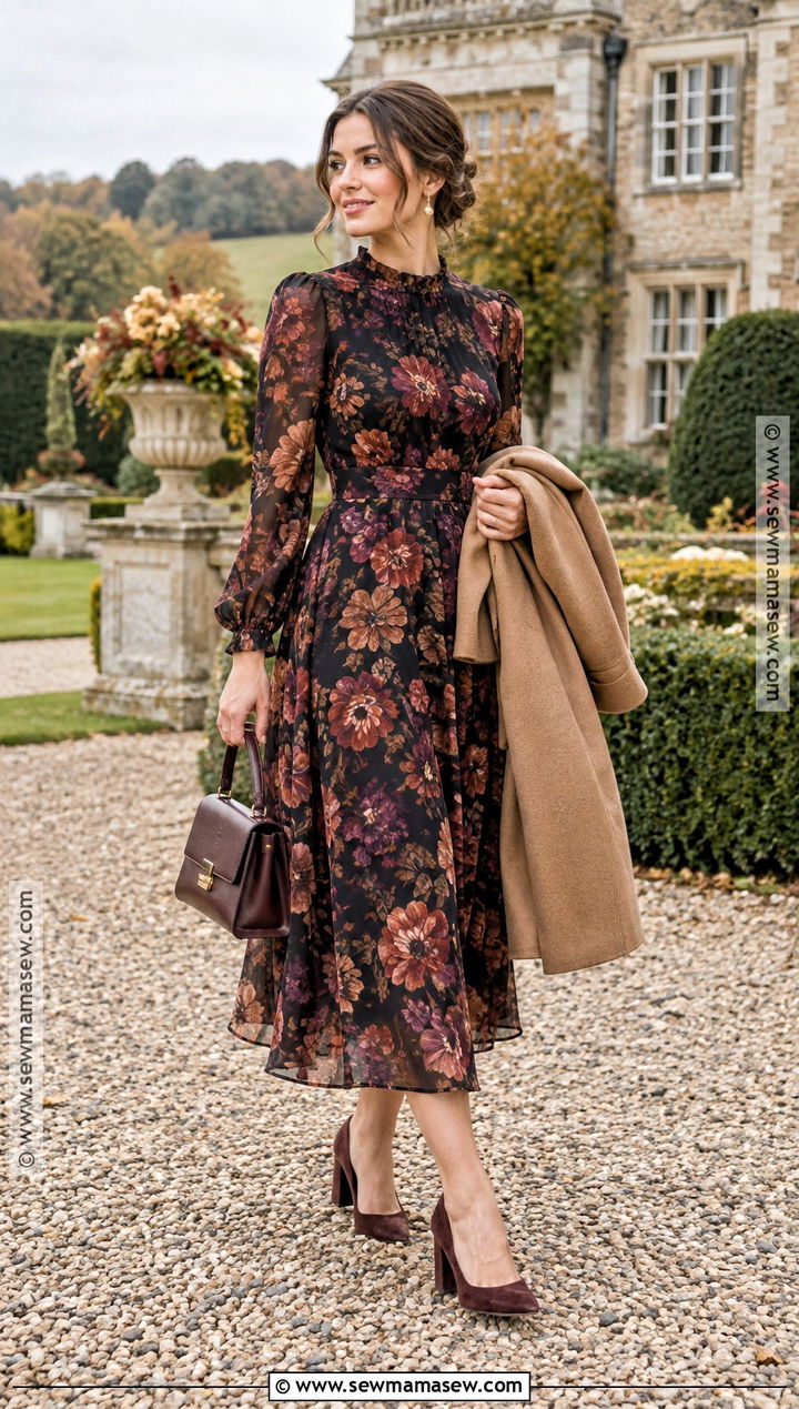 Floral Long Sleeve Midi Wedding Guest Outfit - 25 wedding guest looks fall