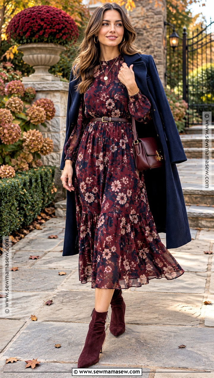 Floral Long Sleeve November Birthday Dress With Ankle Boots - 25 november birthday outfit ideas