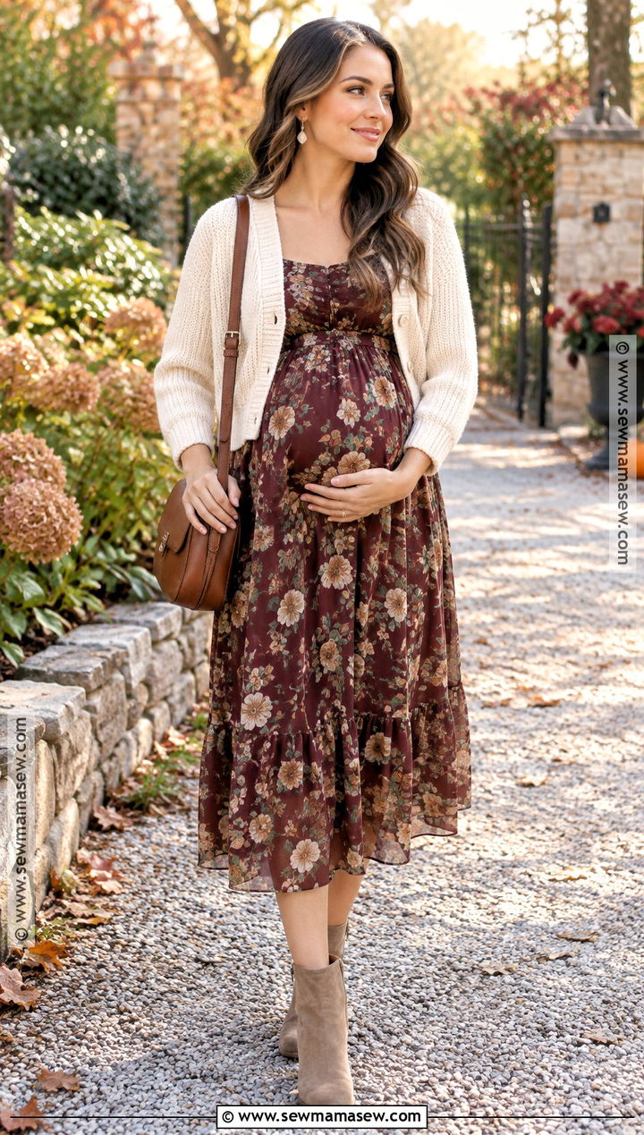 Floral Maternity Dress With Suede Boots - 15 second trimester outfits fall