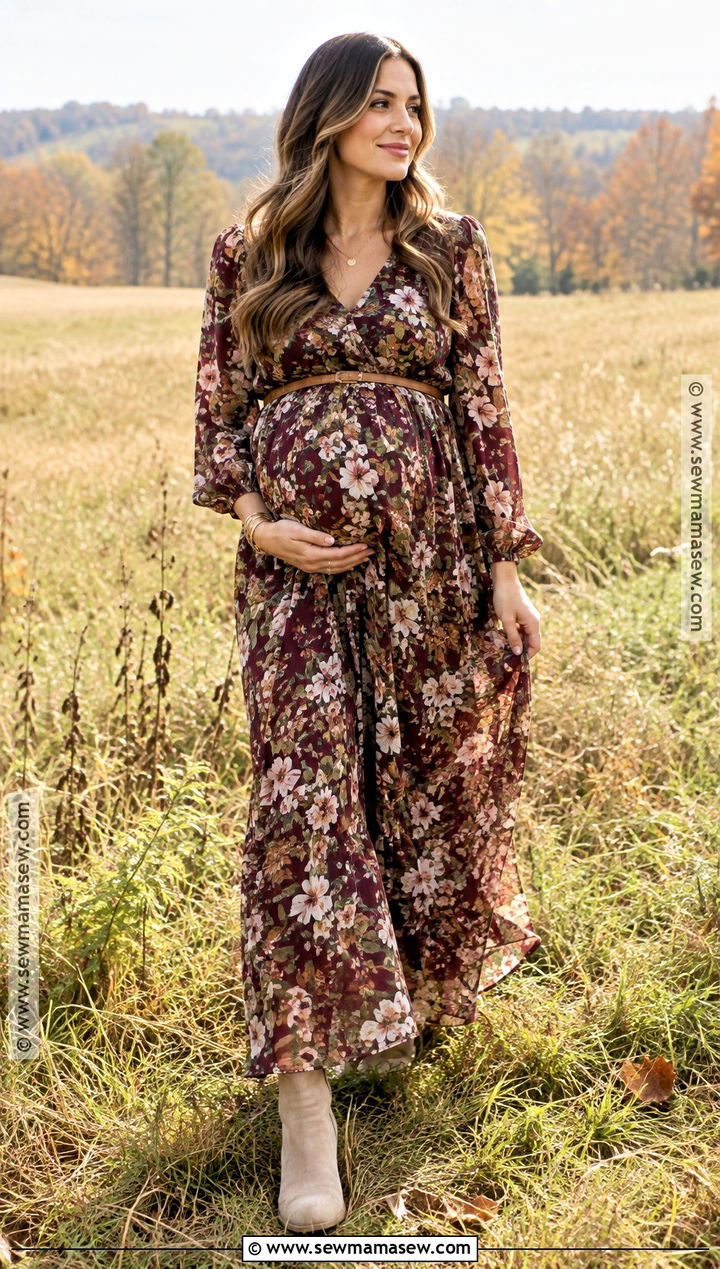 Floral Maternity Maxi Dress With Booties - 15 maternity photo outfits fall