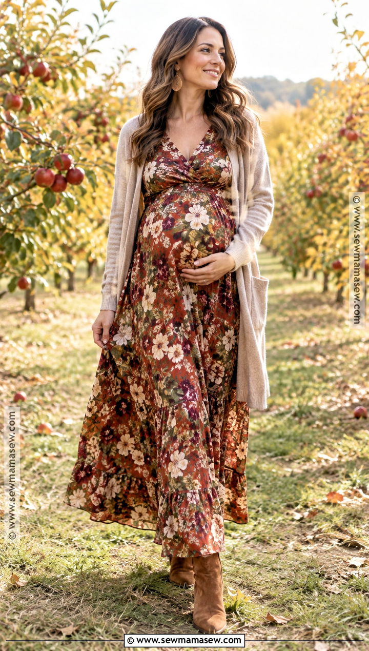 Floral Maternity Maxi Dress With Suede Boots - 15 fall maternity photo outfits