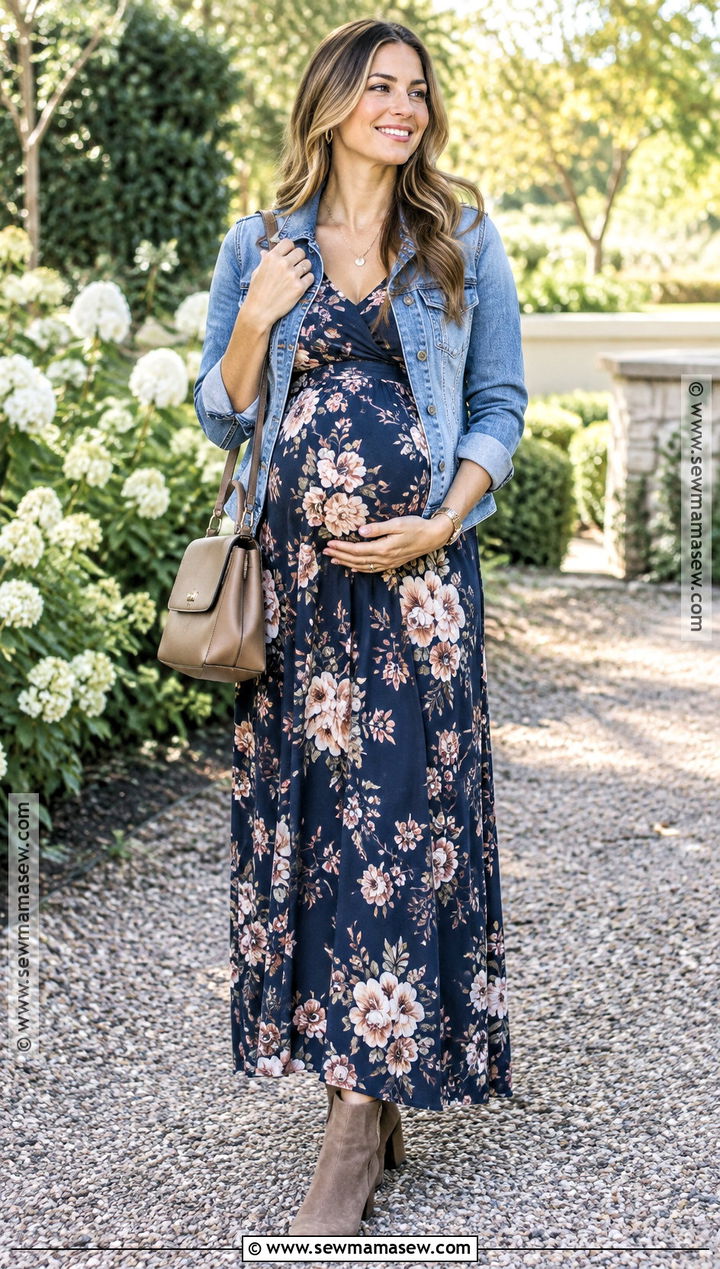 Floral Maternity Maxi Dress With Suede Boots - 20 fall maternity dress ideas