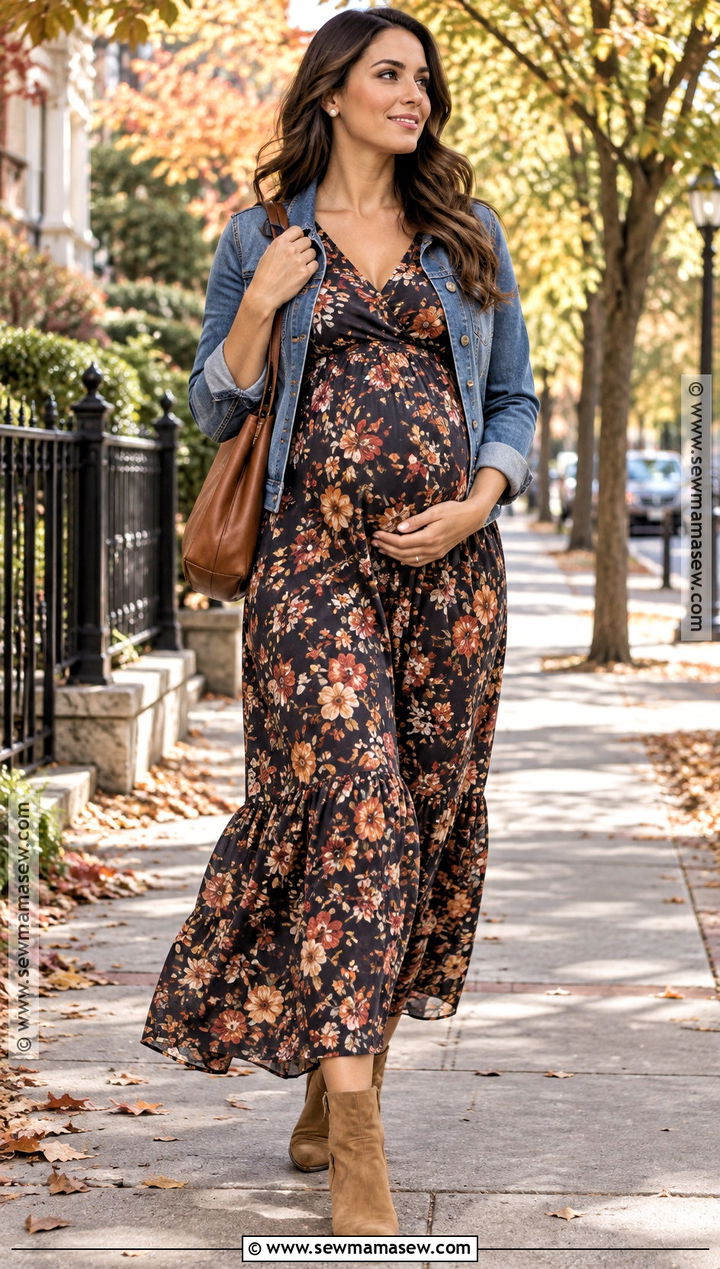 Floral Maternity Maxi Dress With Suede Boots - 15 fall dresses with boots pregnant