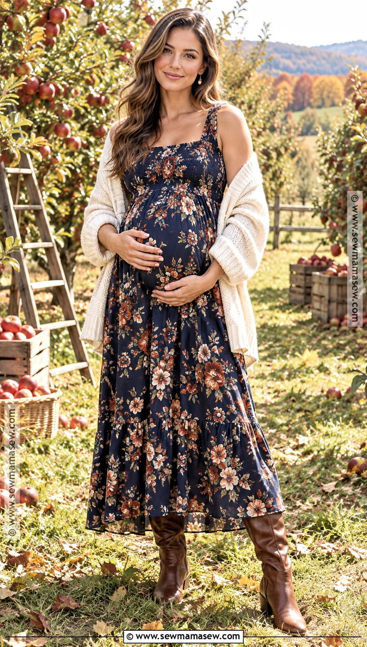 Floral Maternity Maxi Dress With Tall Boots - 20 Fall Maternity Photoshoot Outfits