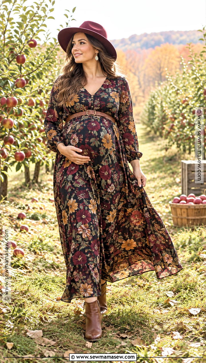 Floral Maternity Maxi Dress With Wool Hat - 15 fall maternity photos with hat ideas