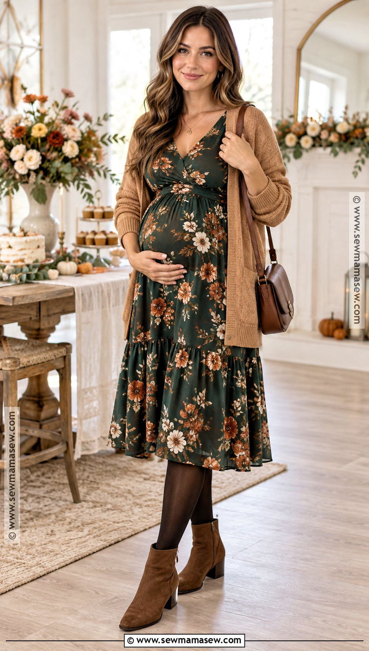 Floral Maternity Midi Dress With A Cardigan - 15 fall outfit ideas pregnant
