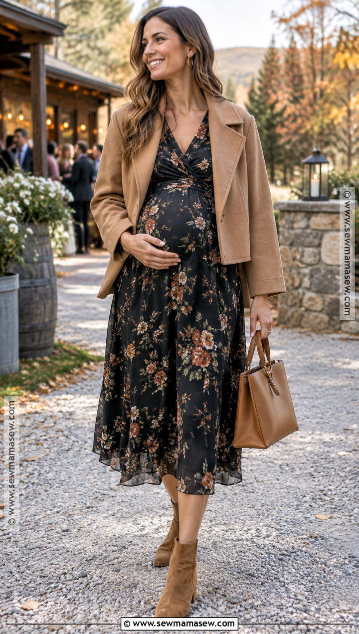 Floral Maternity Midi Dress With Ankle Boots - 15 pregnant fall wedding guest outfit ideas