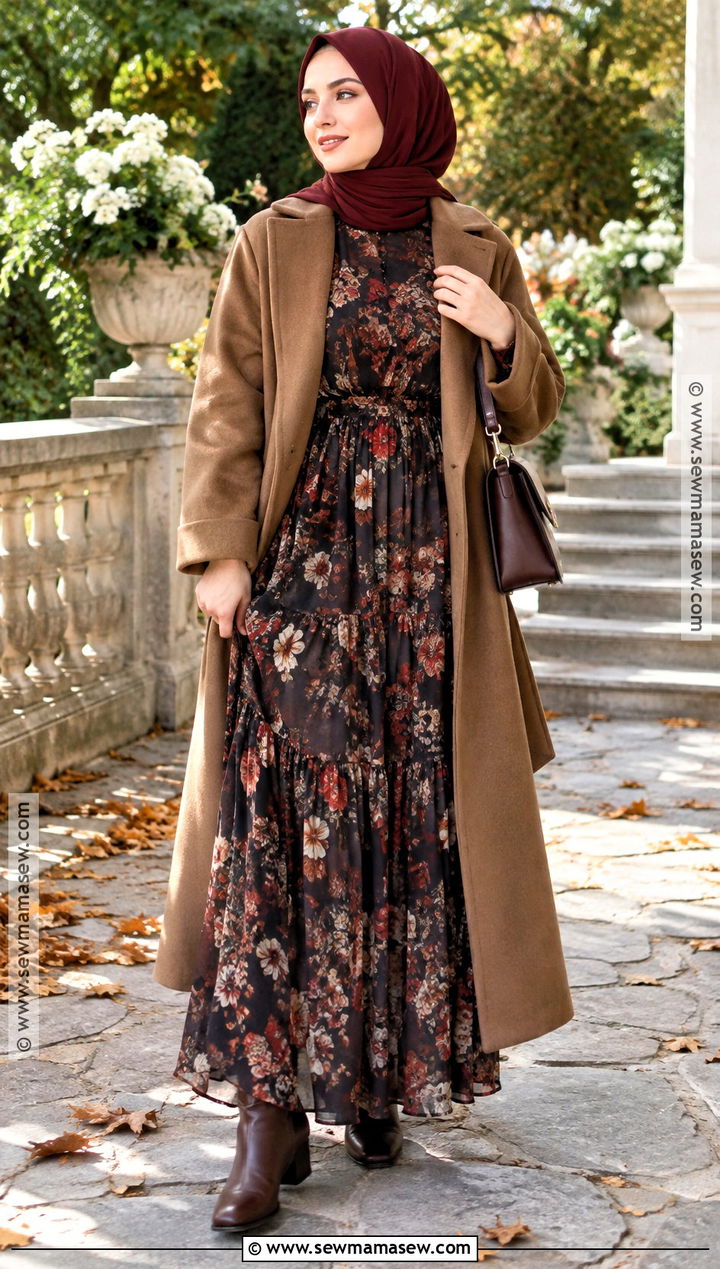 Floral Maxi Dress And Ankle Boots Hijabi Outfit - 20 Fall Hijabi Outfits Aesthetic