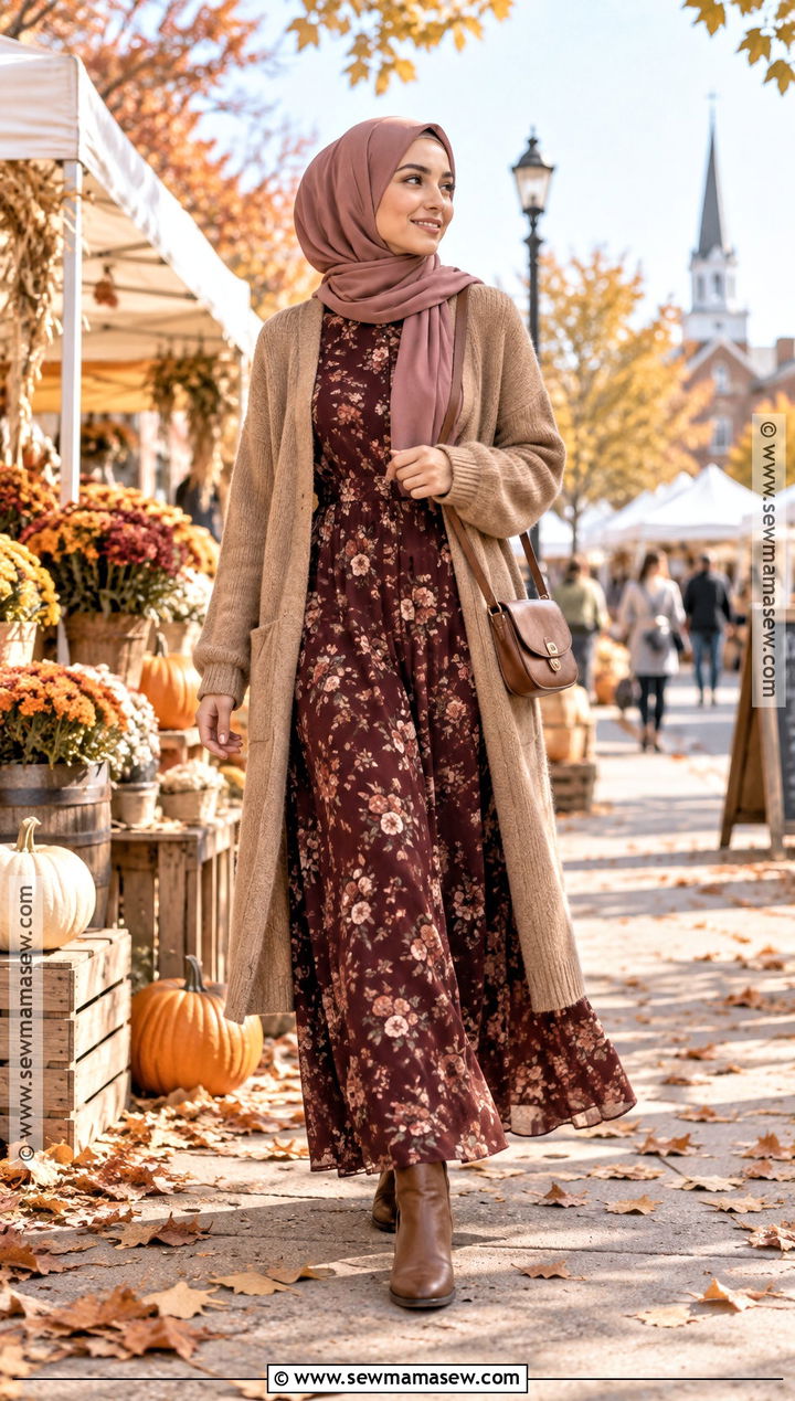 Floral Maxi Dress And Cardigan Fall Hijab Outfit - 20 fall outfit hijab ideas