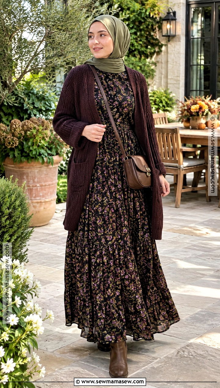 Floral Maxi Dress And Cardigan Hijab Outfit - 20 Hijab Fashion Autumn Ideas