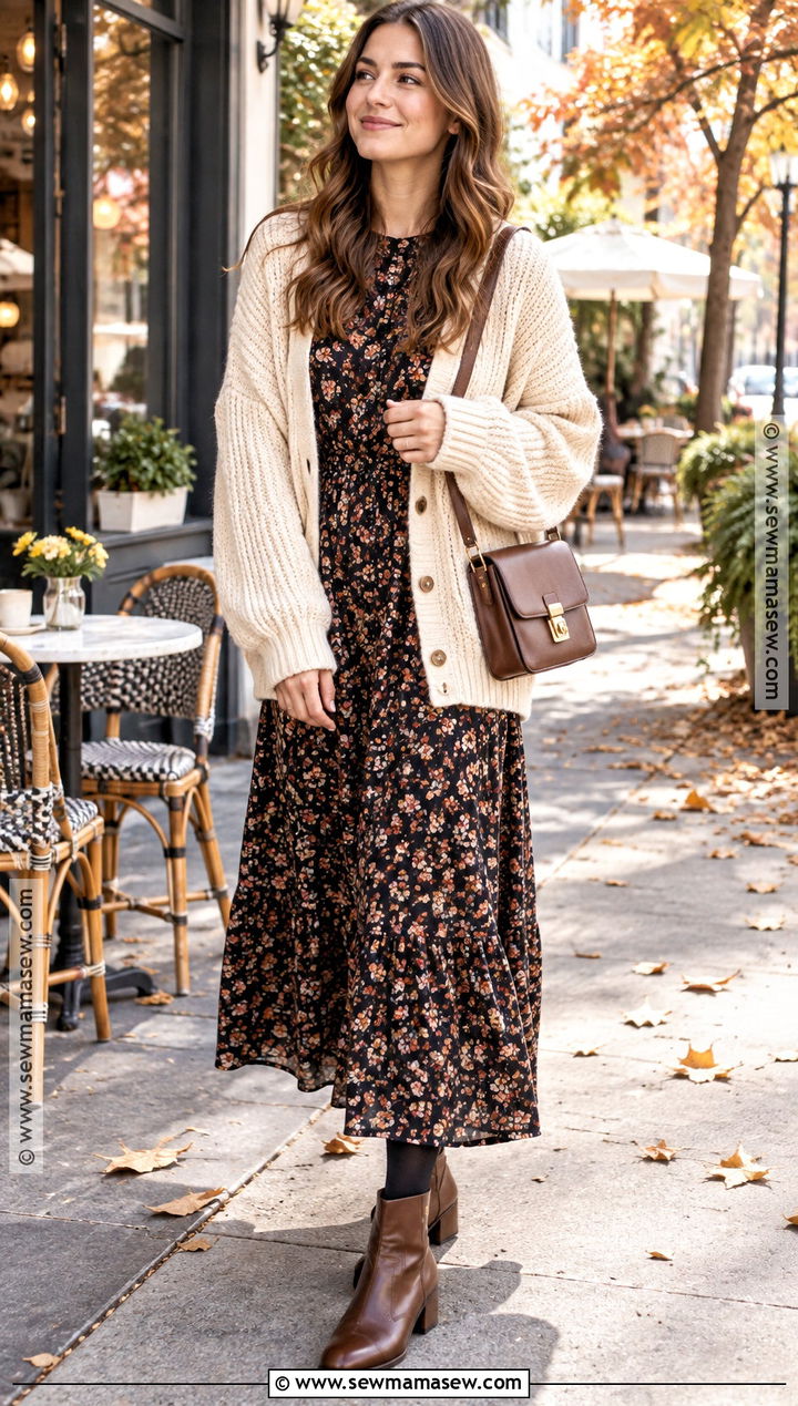 Floral Maxi Dress And Chunky Cardigan - 20 fall outfit modest ideas