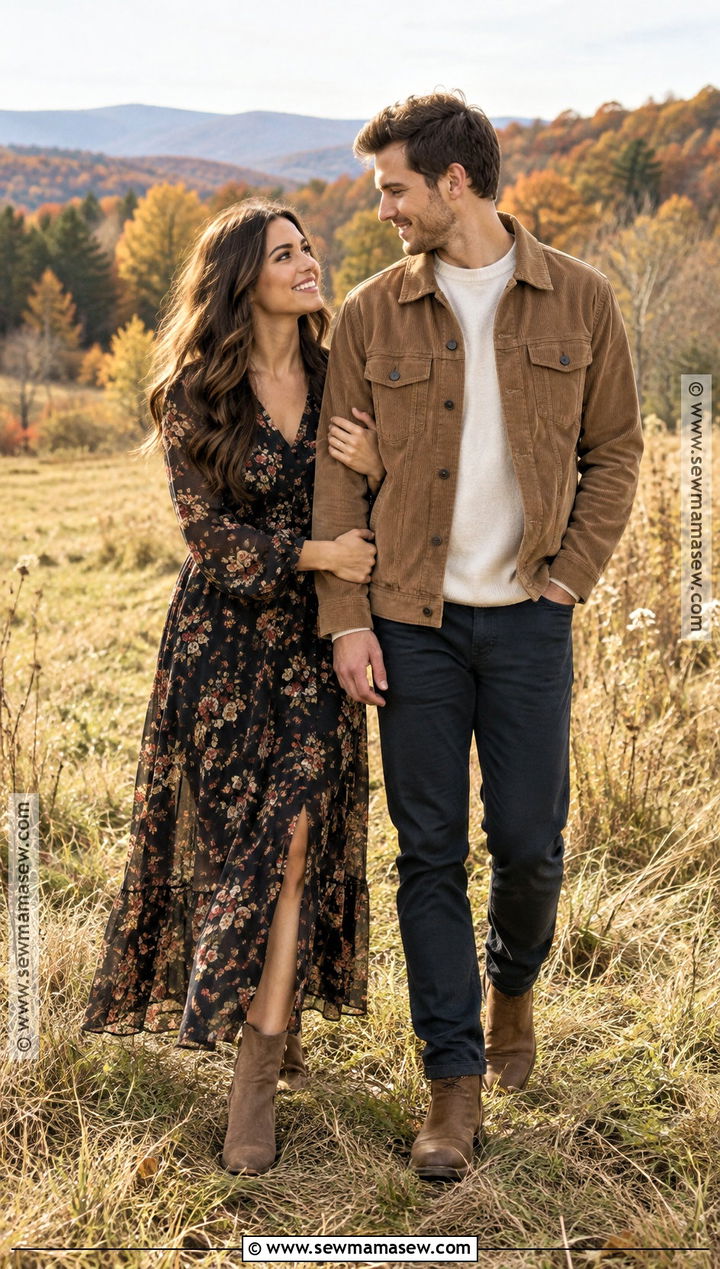 Floral Maxi Dress And Corduroy Jacket Couple Outfit - 20 fall couple photoshoot outfit ideas