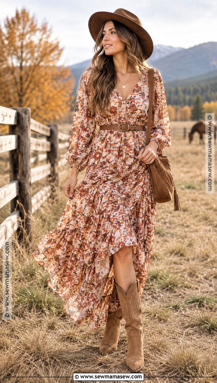 Floral Maxi Dress And Cowboy Boots Fall Photoshoot Outfit - 15 western fall photoshoot outfits