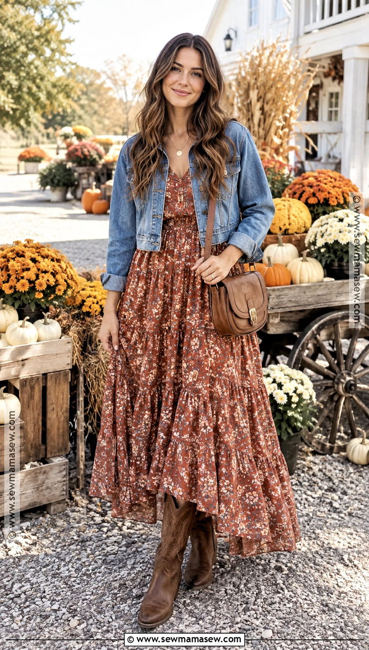 Floral Maxi Dress And Cowboy Boots Outfit - 20 festival fall outfit ideas
