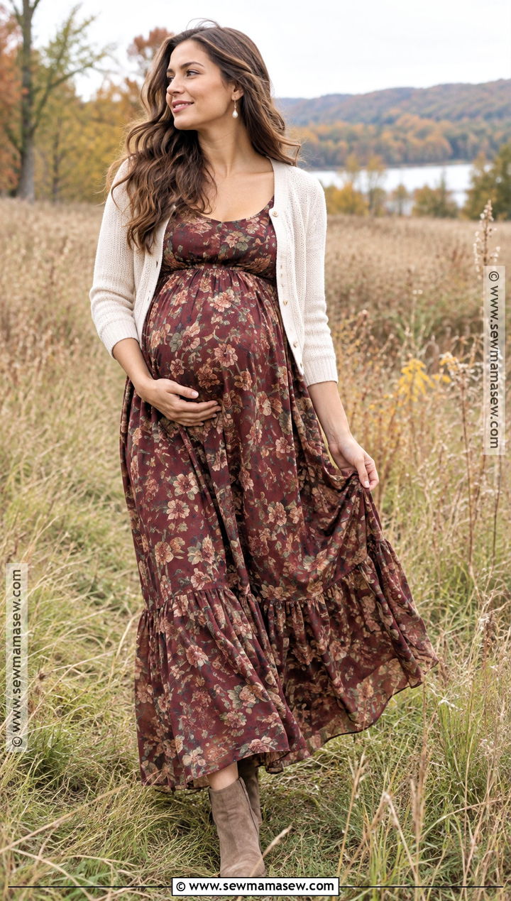 Floral Maxi Dress And Cropped Cardigan Outfit - 15 fall maternity outfits for photoshoot casual