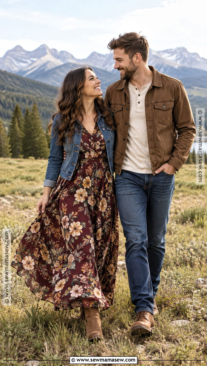Floral Maxi Dress And Denim Jacket Mountain Engagement Outfit - 15 Fall Mountain Engagement Photos Outfit Ideas