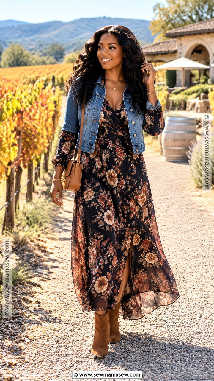 Floral Maxi Dress And Denim Jacket Winery Outfit - 20 winery outfit fall ideas for black women