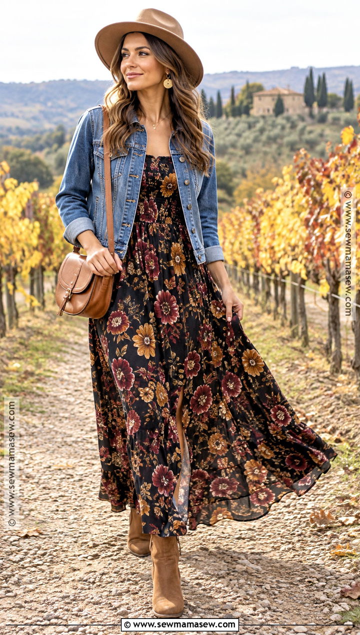 Floral Maxi Dress And Denim Jacket Winery Outfit - 20 Fall Outfits Winery